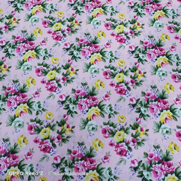 Tela estampada romántica fondo rosa flores amarillas - Imagen 5
