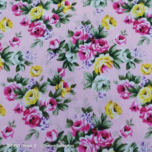 Tela estampada romántica fondo rosa flores amarillas - Imagen 4